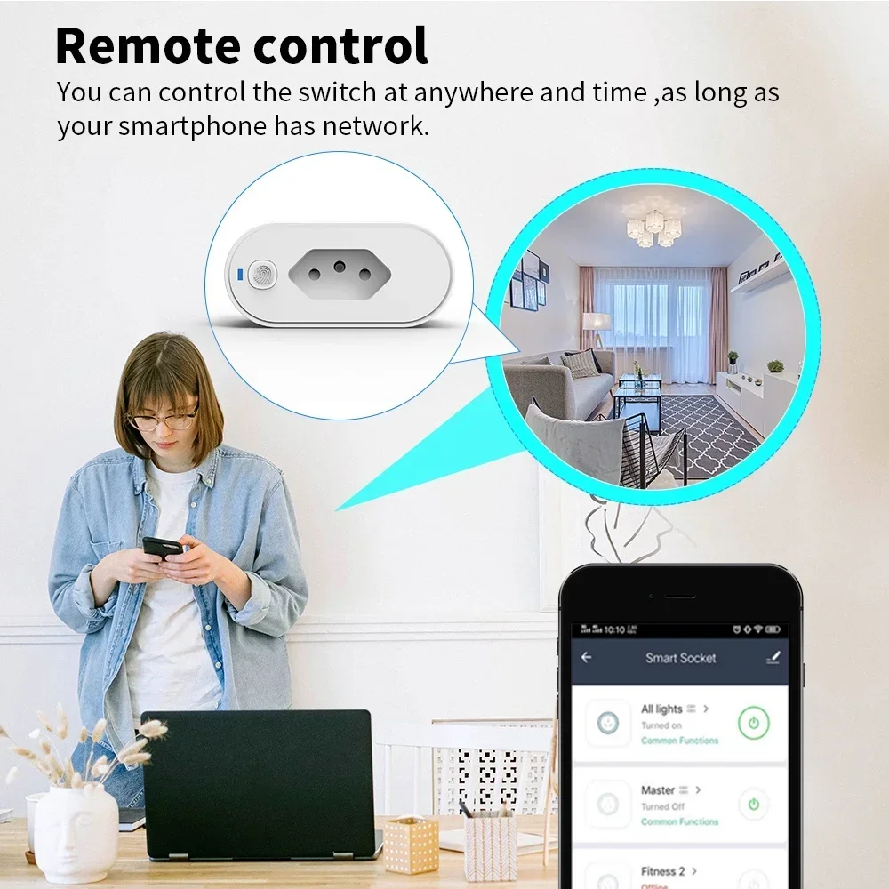 Tuya Smart WiFi Plug 16A مقبس برازيلي مع شاشة طاقة، مع منفذ تحكم ذكي بصوت التوقيت، يعمل مع Google home alexa