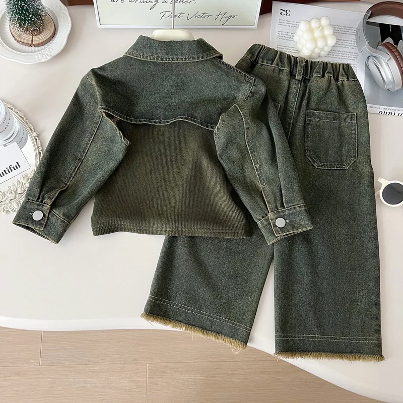 Girls' Jeans Suit Spring and Autumn2024New Children Western Style Wide-Leg Jeans Three-Piece Suit Fashion