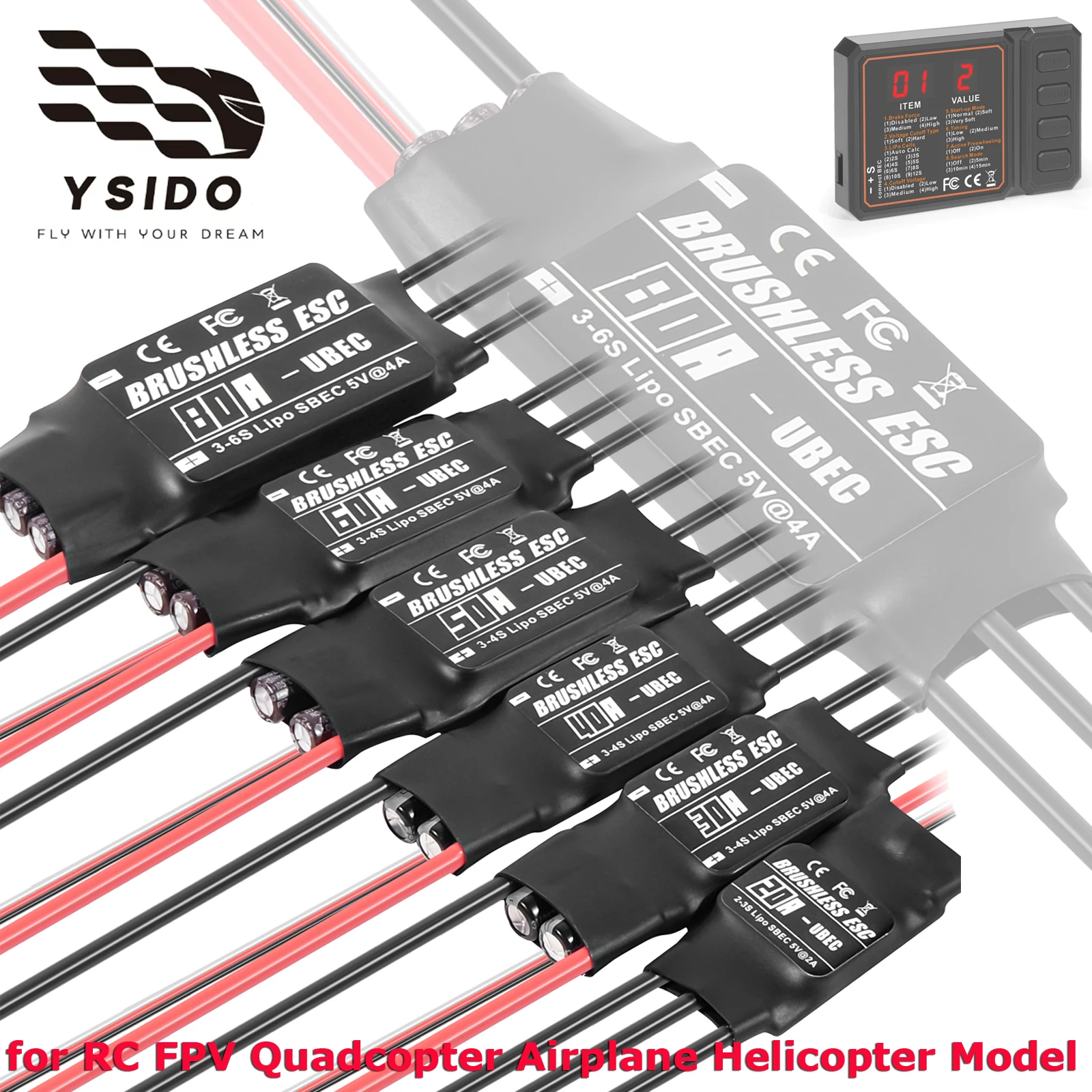 

YSIDO 20A 30A 40A 50A 60A 80A Brushless ESC Speed Controller with UBEC for RC FPV Quadcopter Airplane Helicopter Model Parts