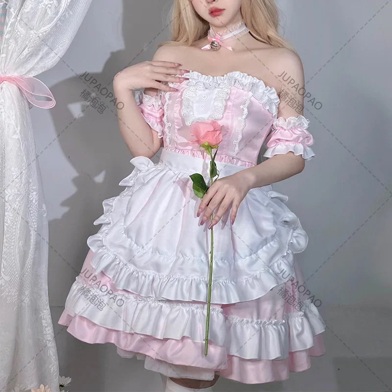 Lolita różowa sukienka kobiety impreza księżniczka kawa pokojówka Ruffles Anime kostiumy Cosplay japoński Kawaii Halloween kelnerka do odgrywania ról