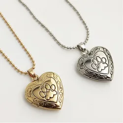 1pc Heart Locket Engraved Paw Print Photo Frame Pendant Floating Locket Charms Necklaces Women Girls Memorial Jewelry Gift