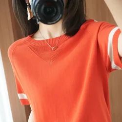 Woman Tshirts 20 Summer round Neck Patchwork Knitting Short Sleeve Women's Loose T-shirt Hollow Sleeve Tops Mujer Camisetas