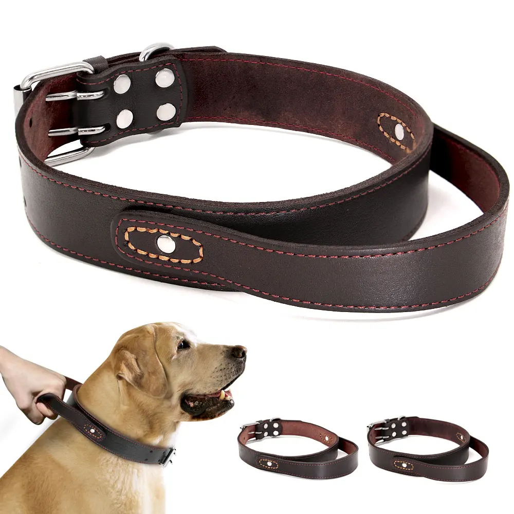 Genuine Leather Dog Collar Durable Real Leather Training Collars For Medium Large Dogs Pets Pitbull With Quick Control Handle