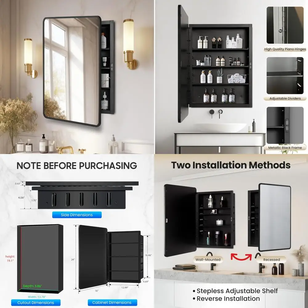 

Black Wall-Mounted Medicine Cabinet, 16x24 Inches, with Mirror, Adjustable Shelves and Metal Frame