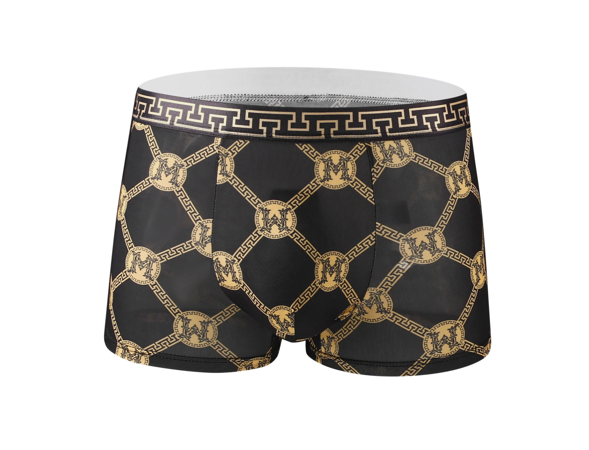 Random 5 pcs men\'s fashionable black gold patterned boxer shorts, super soft and comfortable underwear, suitable for daily wear