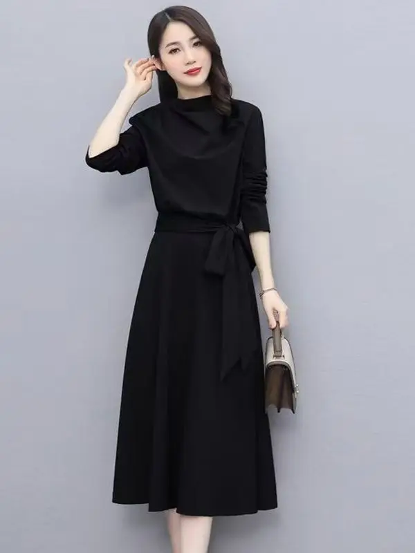 

Thin Long Sve High Collar Women's Skirt Casual Stand Fit Polyester Fiber High Waist A-Line Dr for Autumn Season