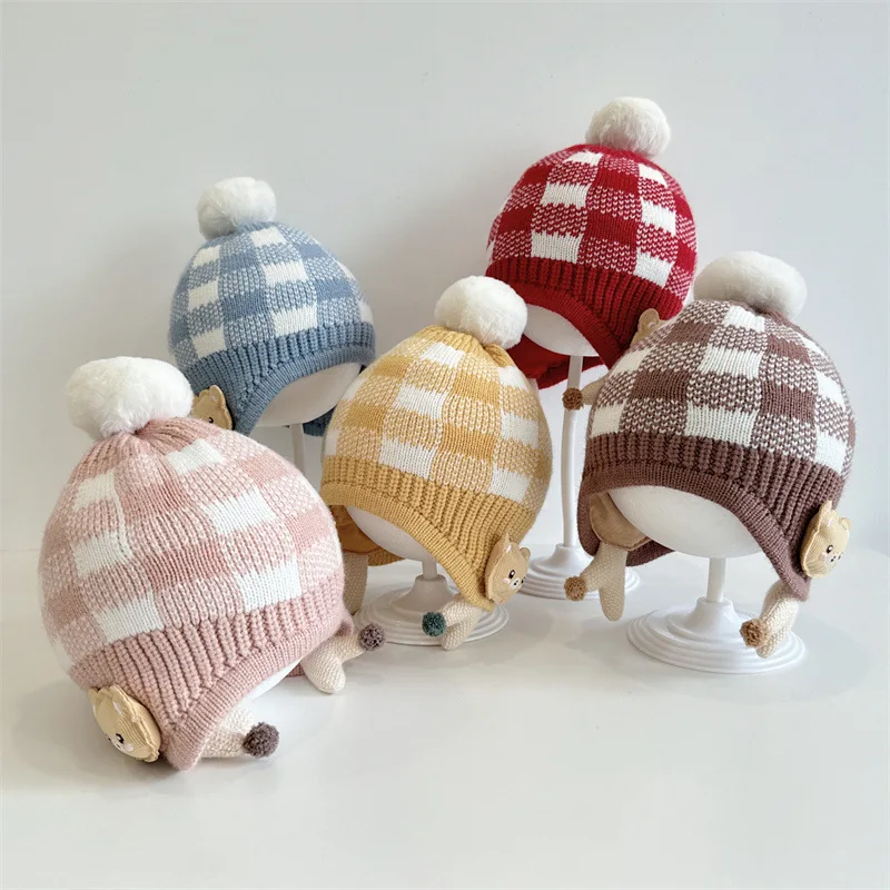 

Baby Cartoon Bear Hat Boys Girls Kintted Fashion Children Autumn Winter Plaid Caps