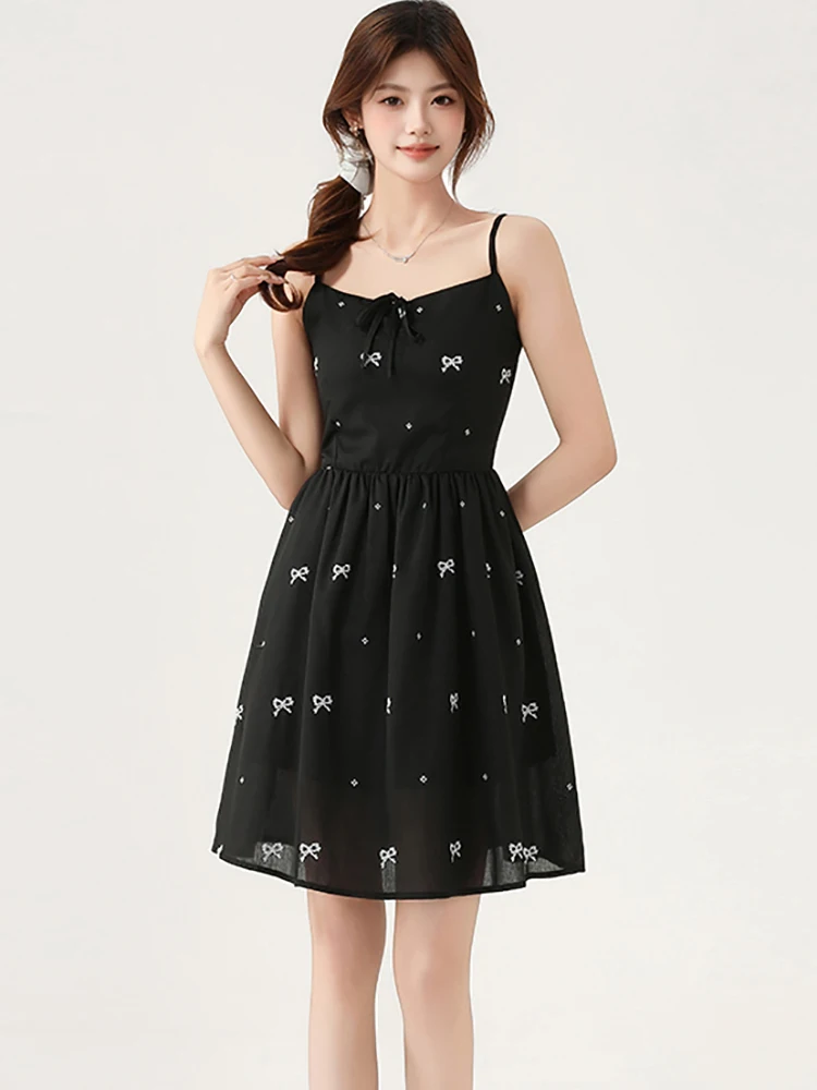 

Women Korean Vintage Luxury Bodycon Dress Suits Summer Black Emboridery Bow Sling Short Dress+Knitted Top Coats Two Piece Suits