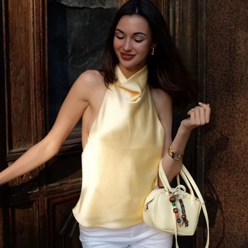 

AliExpress Cross-Border Wholesale2025Summer New European and American Style Silk Satin Texture Elegant Halter Neck Top