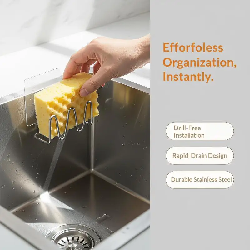 Stainless Steel Sink Drain Organizer Wall Mounted Quick Drain Kitchen Sponge Soap Storage Rack for Small Kitchen