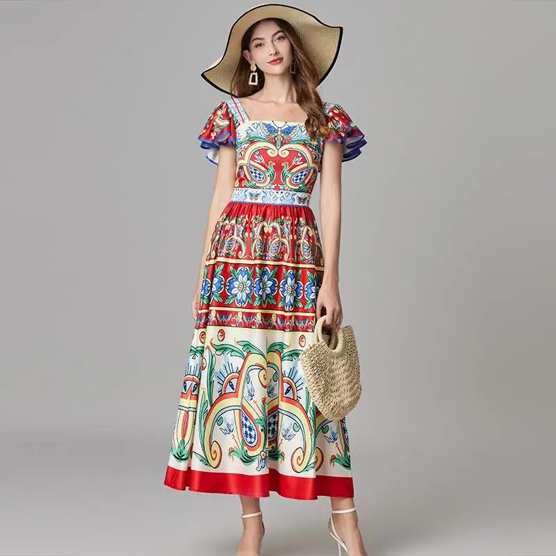 

High-end summer new product positioning print slim-fit high-waisted flying sleeve dress big swing A-line skirt