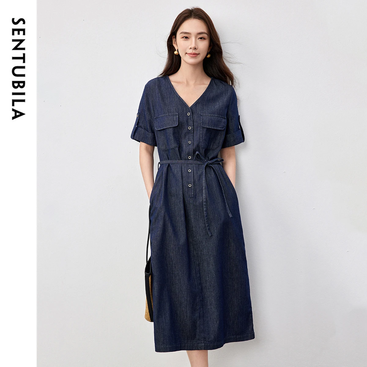 SENTUBILA Vintage Summer Dresses 2025 Women Washed Cotton A-line V Neck Lace-up Waist Button Slit Elegant Long Dress W52L59212