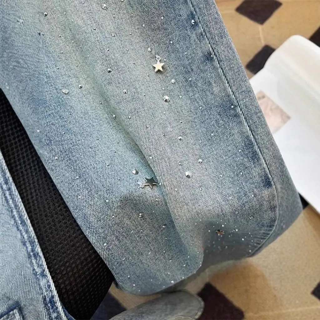 

Wide Leg Jeans for Women High Waist Slim Fit Spring Fashion Heavy Industry Diamond Pendant Hot Star Trend
