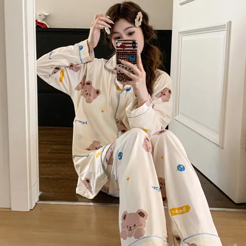 2Pcs Shirt&pants Sleepwear Pajamas Set 100% Cotton Lapel Nightwear Intimate Lingerie Home Clothes Elegant Outdoors Home Wear
