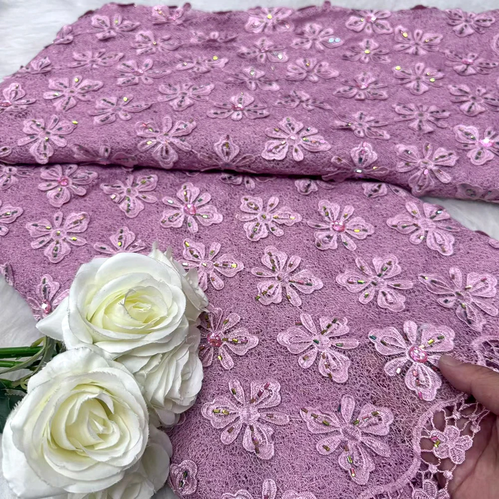 

2026 African Big Gem Water Soluble Lace Fabric High Quality 3D French Nigerian Tulle Lace Fabric For Women Party Dress Sewing