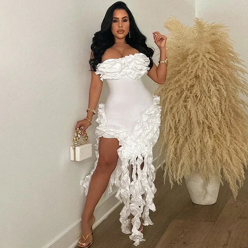 Elegant Ruffles Tassel Birthday Dress for Women Club Night Party Celebrity Irregular Strapless Sleeveless Evening Long Dresses
