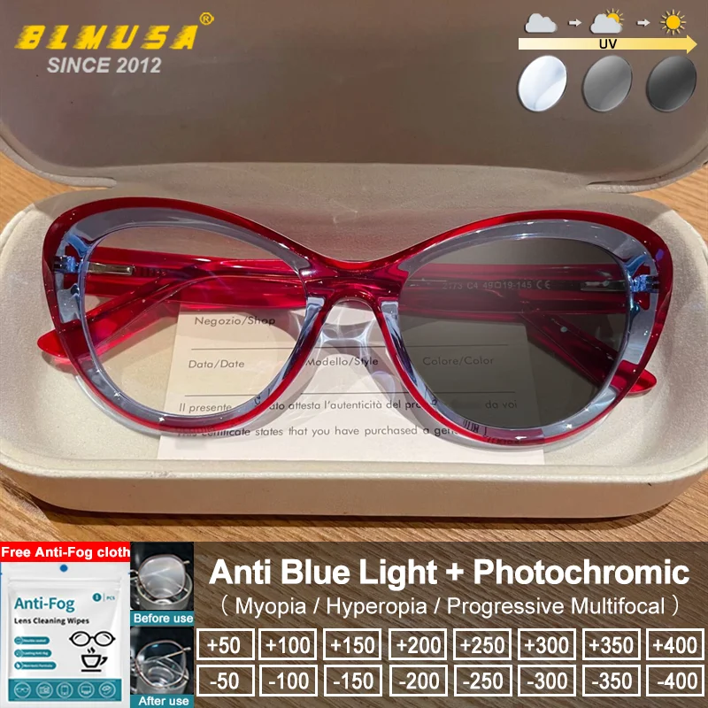BLMUSA Trendy Style Women's Cat Eye Design Photochromic Glasses Small Frame Blue Light Blocking Prescription Reading Eyeglasses