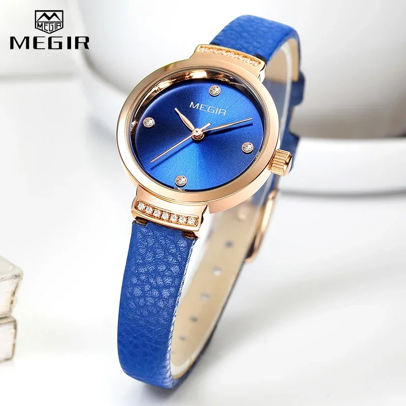 MEGIR-Montre Quartz de Luxe pour Femme, Élégante, en Cuir Bleu, Petite Robe, à la Mode