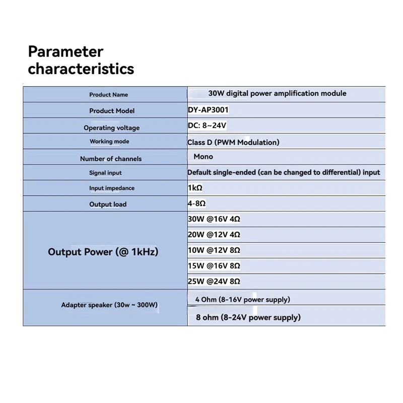DY-AP3001 파워 앰프 보드, 클래스 D 모노 블록 앰프, 4Ω-8Ω 스피커용 앰프, DC 8V-24V, 10W, 20W, 30W