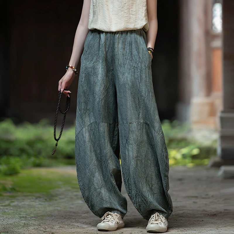 

High Quality Cotton Linen Casual Trousers Women New Arrival 2025 Spring Vintage Style Tie Dye Loose Female Bloomers Pants M429