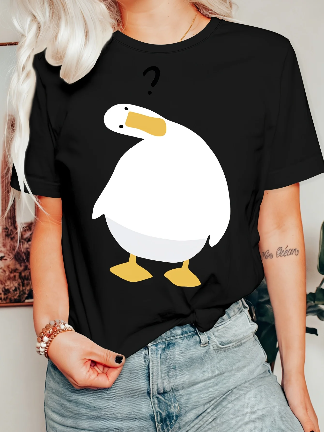 Cartoon Confused Goose Womens T Shirt Funny Question Mark Bird Animal Graphic Tee Short Sleeve Casual Daily Holiday Ladies Tops