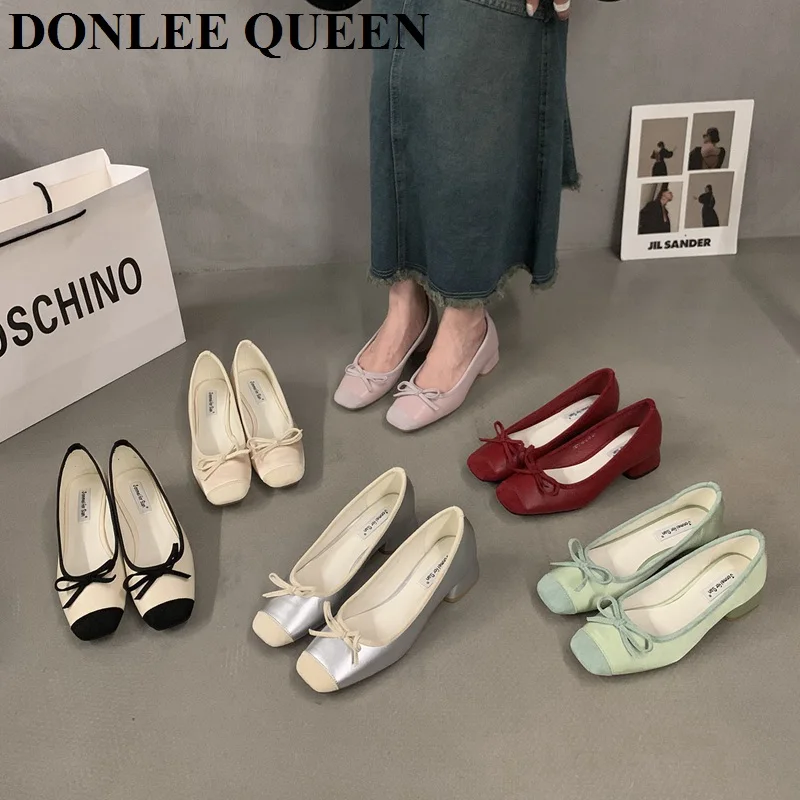 French Square Toe Bow Flats Shoes 2023 New Autumn Shallow Fairy All-match Gentle Office Dress Low Heels Pumps Female Ballerina