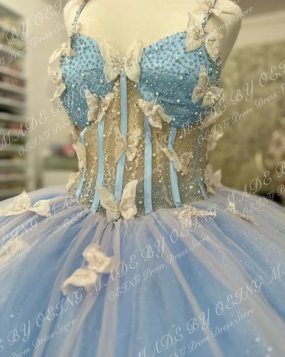 OEING Pretty Sky Blue Quinceanera abiti Glitter Sweetheart Bow Appliques Ball Gown Sweet 16 Dress 15 Birthday Party Prom Gown