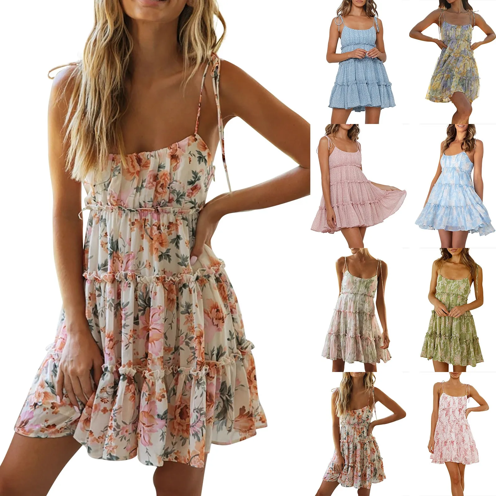 Womens' Floral Spaghetti Strap Summer Casual Dress Bohemian Style Beach Dress Fashion Sexy Daily Wear Short Skirts Ropa De Mujer