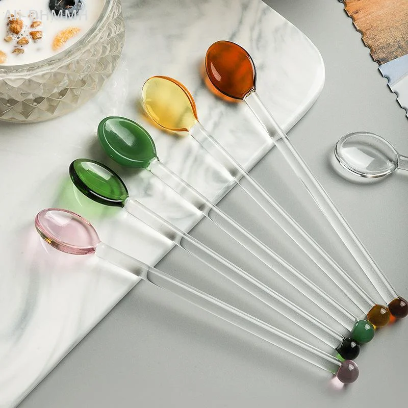 Glass Stirring Spoons Long Handle Heat Resistant Colorful Transparent for Coffee Cocktail Milkshake Home Bar Restaurant Use