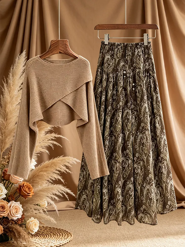 Retro Lazy Style Women's Printed Halter Knitted Sweater And  Skirt Two-Piece Set for Autumn Season Versatile High-End Fas...