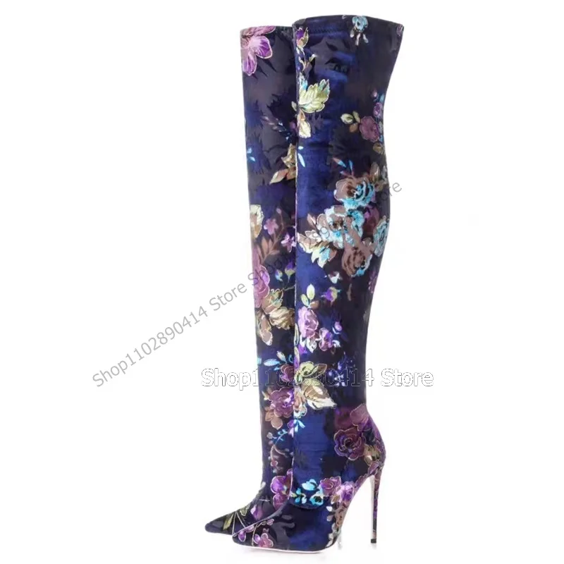 

Colorful Flower Print Pointed Toe Boots Thigh High Women Shoes Stilettos High Heels Novel Fashion Sexy 2023 Zapatos Para Mujere