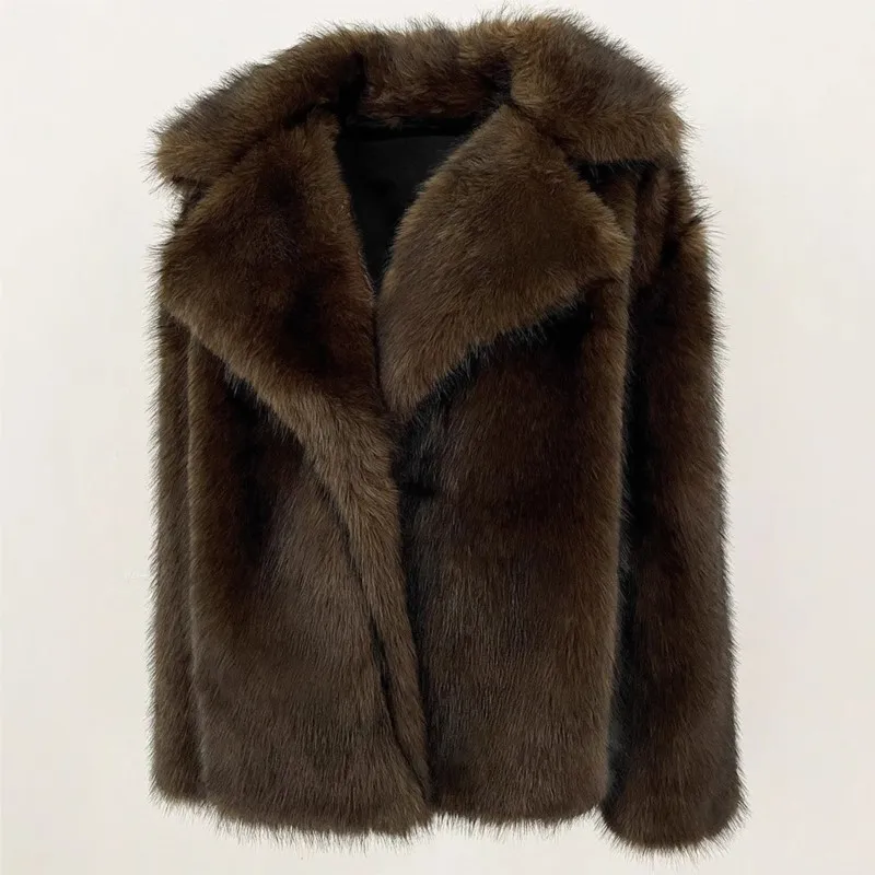 معطف شتوي نسائي لعام 2025 من فرو الثعلب الصناعي بأكمام طويلة معطف دافئ بلون سادة معاطف فضفاضة متوسطة الطراز معاطف فروي