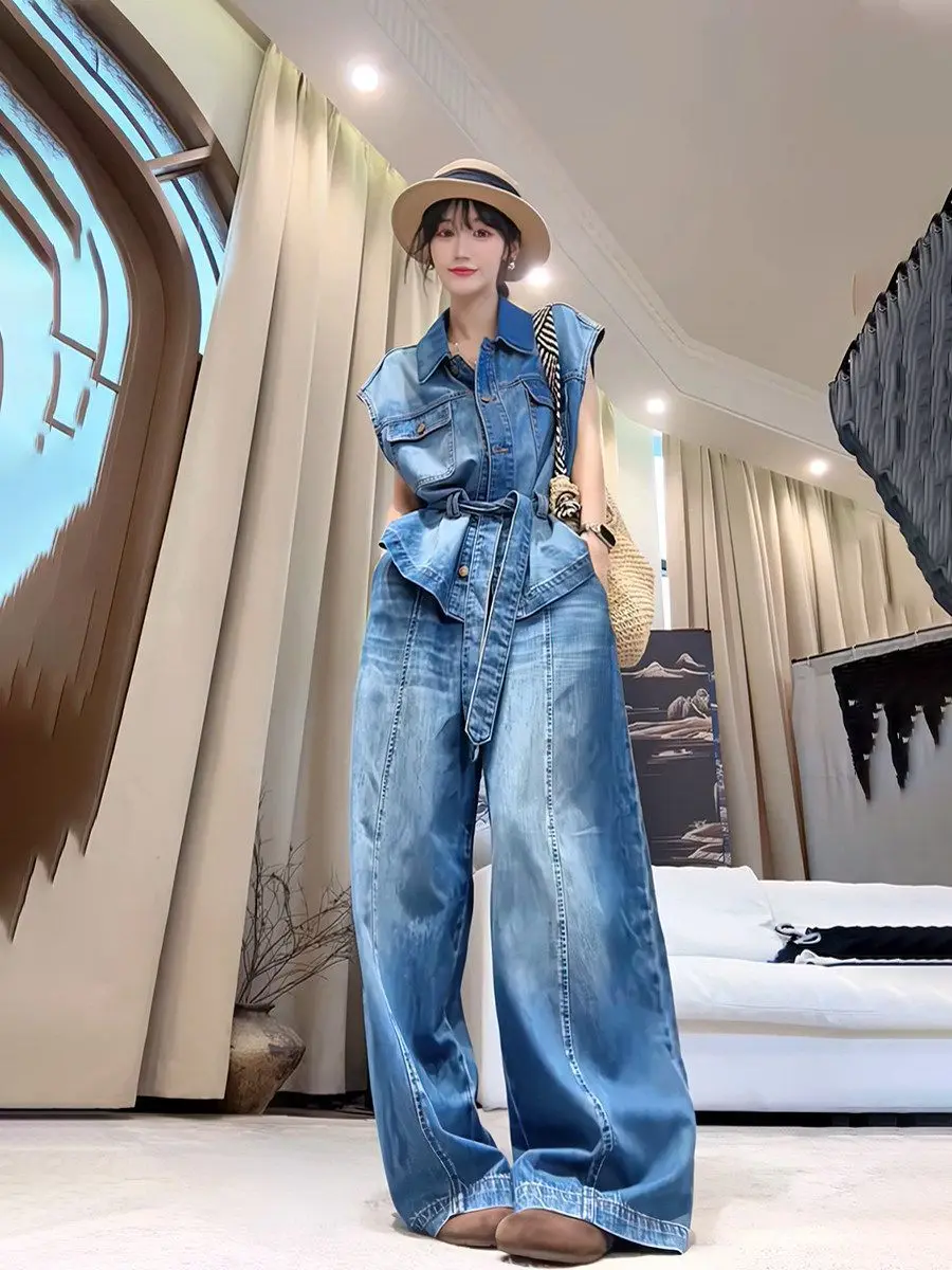 Retro Washed Denim Blue Suit Women'S Summer Lapel Vest Paired With High Waisted Wide Leg Pants Two-Piece Set