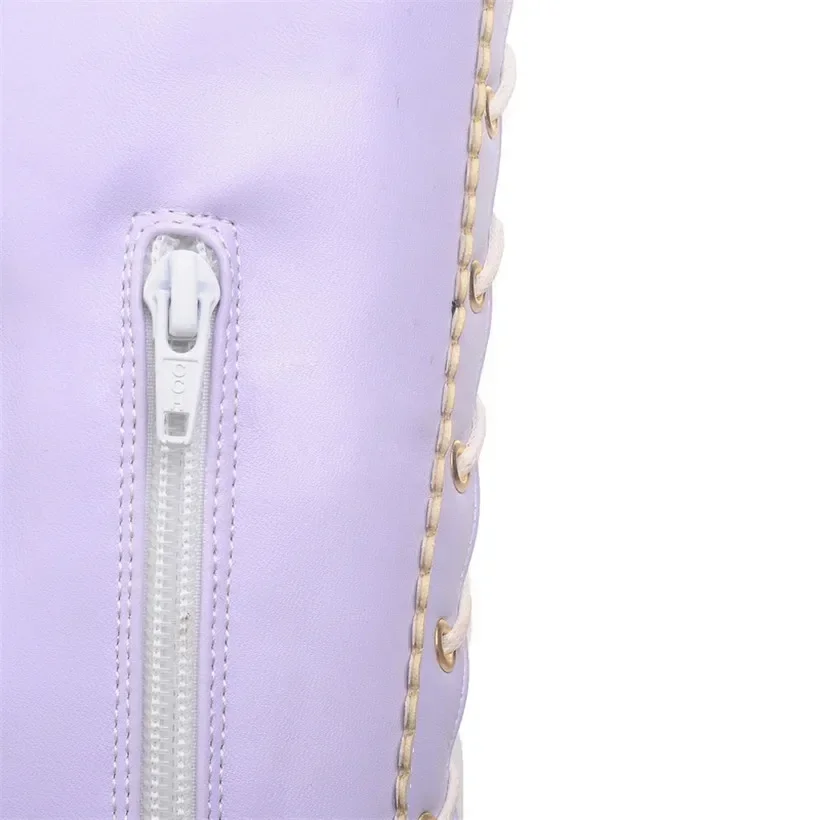 Winter Sweet Women Knee High Boots PU Leather Round Toe 7cm High Block Heels Bowtie Lace-up Lolita Lady Zipper Long Riding Boots