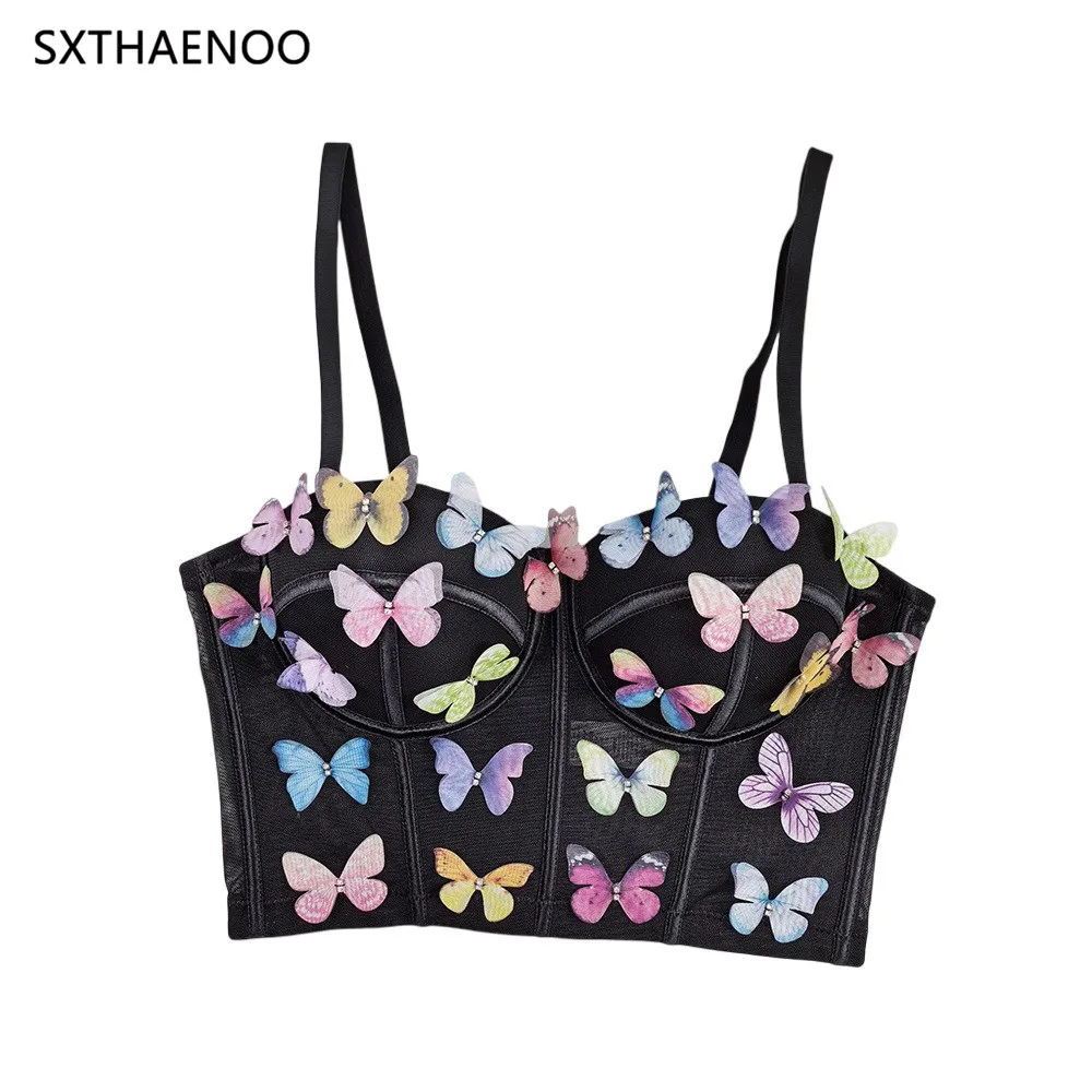 SXTHAENOO 2024 Women 3D Butterfly See Through Corset Top Crop Bustier Bra Push Up Bodice Sexy Lingerie Sling Party Short Clothes