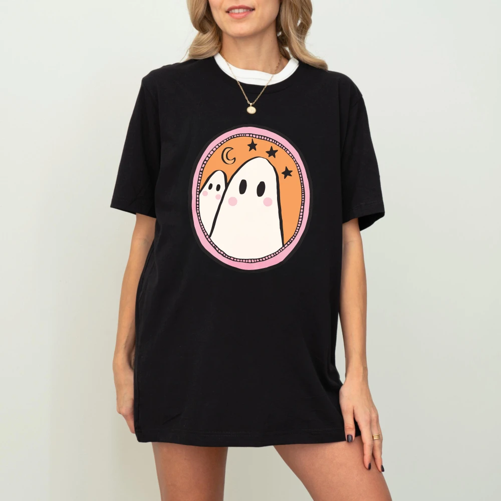 Pastel Moon Ghost Cotton Tshirt Cute Spooky Streetwear Tee Trendy Garment For Gentle Halloween Style Lovers Men Women Casual Top