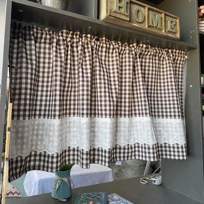 Buffalo Check Tier Window Curtain with Lace Rod Pocket Plaid Drapes Light Filtering Drapes for Kitchen Bedroom Living Room Decor