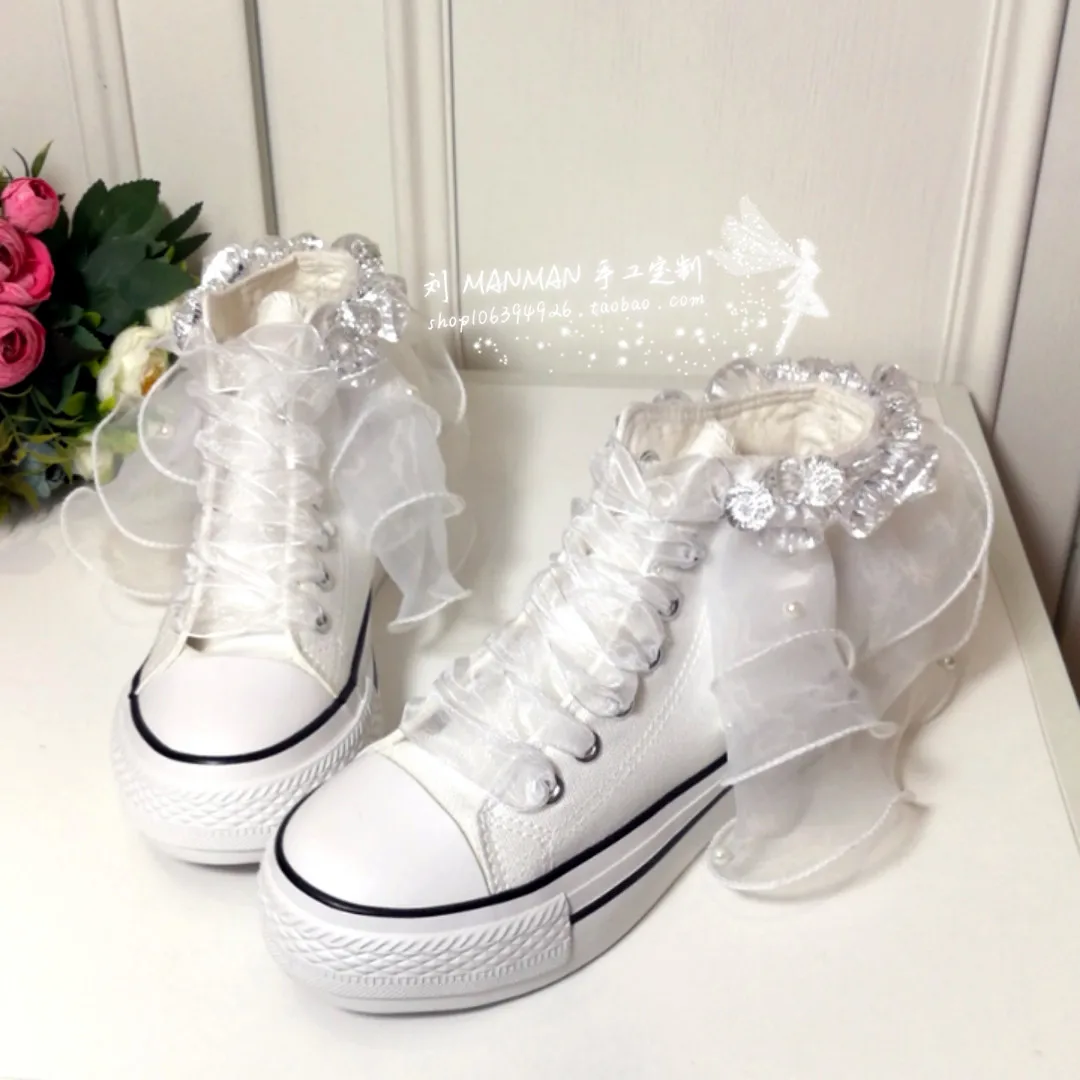 6cm Sneakers Rhinestone Lace Studded High Top Canvas Shoes Women Pure White Mesh Handmade Customized Trendy Bride Shoe