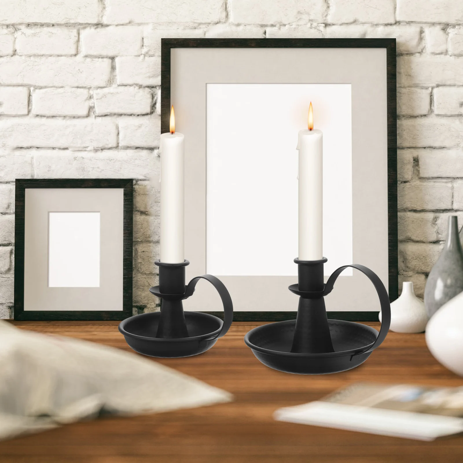 

2Pcs Holder Tray Iron Art Vintage Pillar Stand Desktop Metal Candlestick Stable Base Candlestick Holders