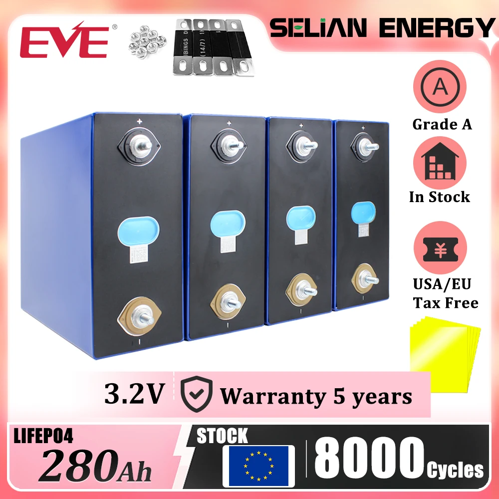 Lifepo4 280Ah 3.2V EVE LF280K Grade A LiFePO4 Battery Cells with Free Bus Bars for DIY 4S 12V 16S 48V Solar EU Stock