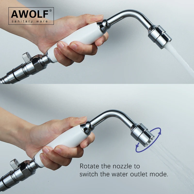 Awolf Two Function Hygienic Shower Head Chrome White Handheld Toilet Bidet Sprayer Set Solid Brass Soft Water Anal Shower AP2349