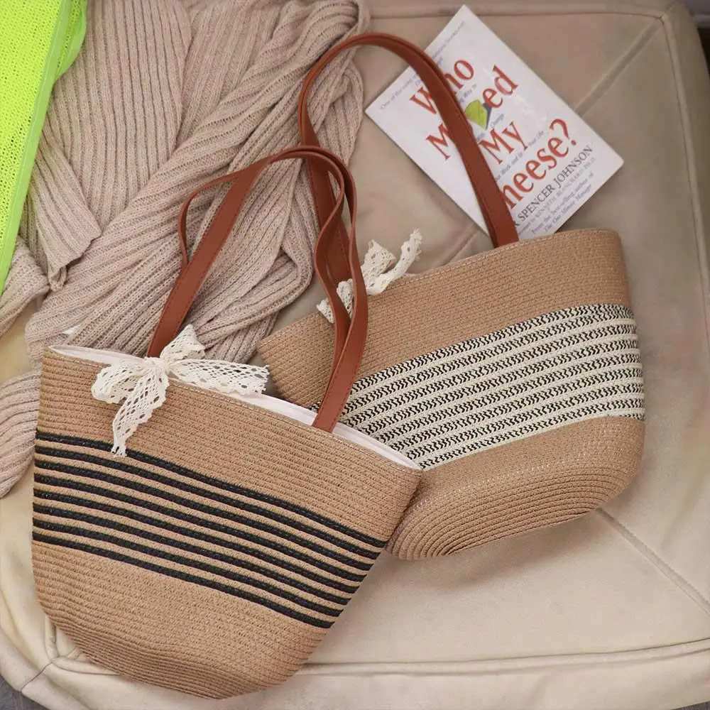 

Trendy Sweet Woven Tote Bag Lace Ribbon Large Capacity Stripe Straw Handbag Lightweight Breathable Summer Beach Bag Storage
