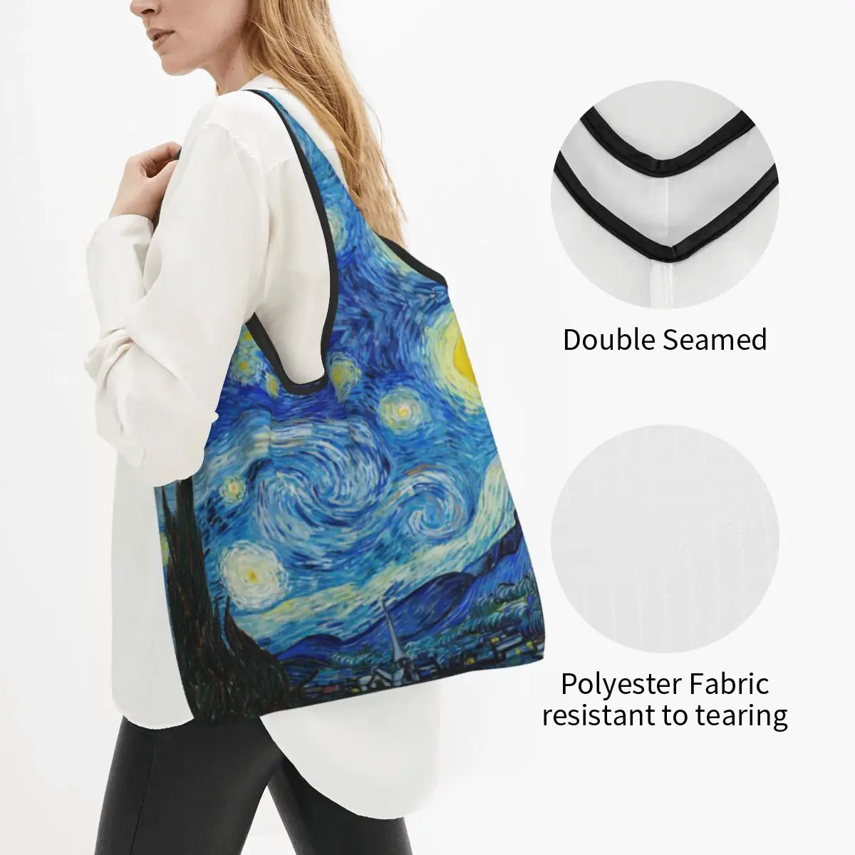 Custom Reusable The Starry Night Shopping Bag Women Tote Bag Portable Vincent van Gogh Groceries Shopper Bags