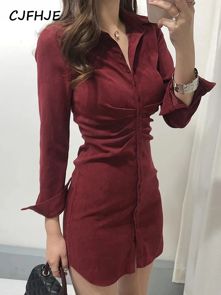 Mini Slim High Waist Solid Vestido Mujer Shirts Slim OL Retro All-match Temperament Pink Lapel Single Breasted Wrap Hip Dress