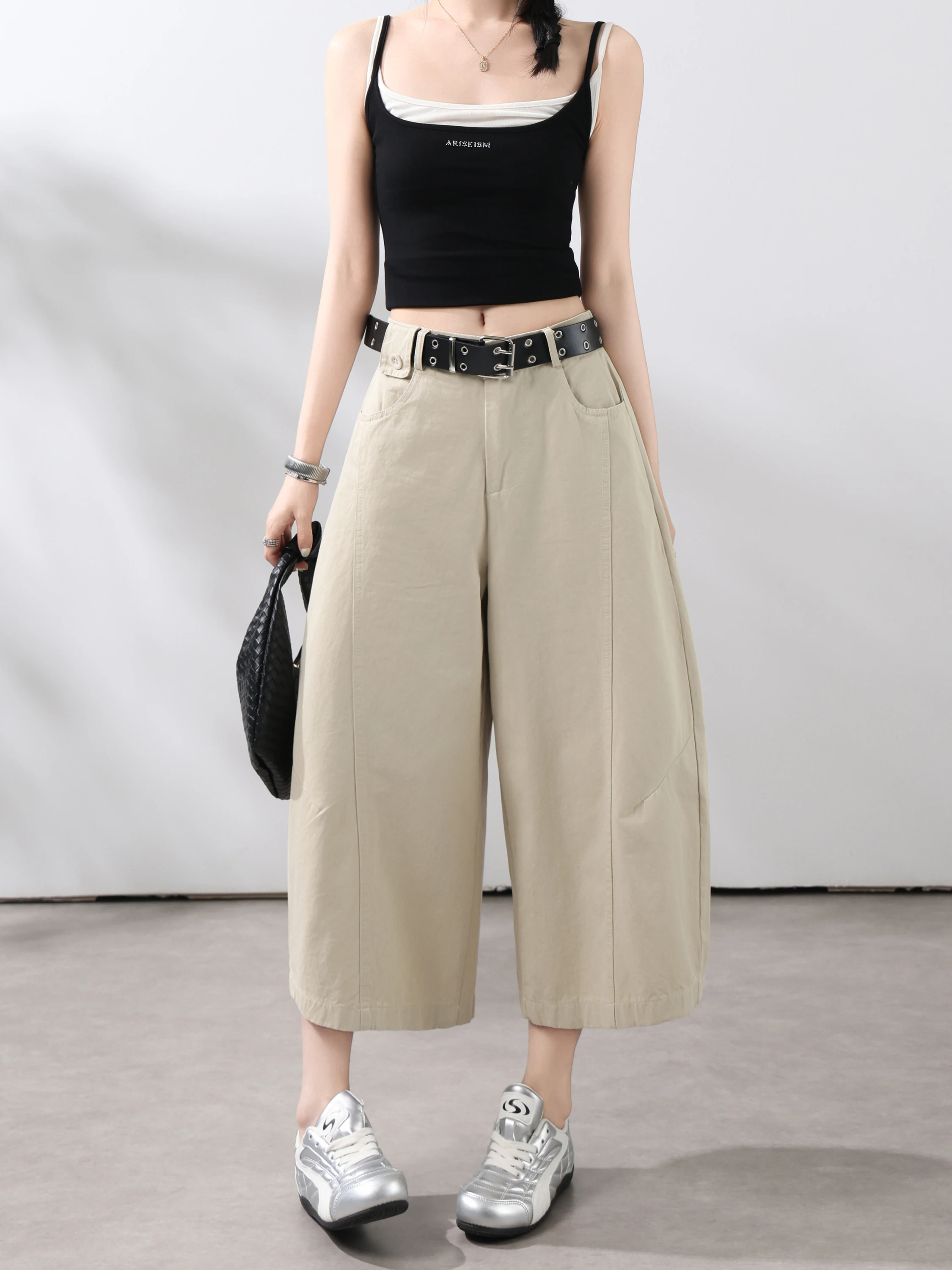  Cotton Casual Pants Women Summer Small Size Elastic Wide Leg Loose Slimming High Waist Knife Pants Versatile Casual Tr...