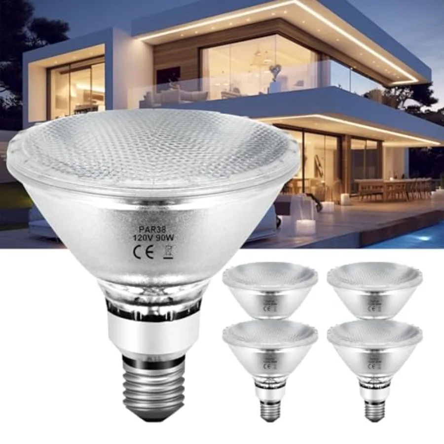 

PAR38 Halogen Flood Light Bulbs Dimmable, 4 Pack, 90 Watt 120V, 2800K Warm White for Indoor and Outdoor Floodlight Bulb, E26 Ba