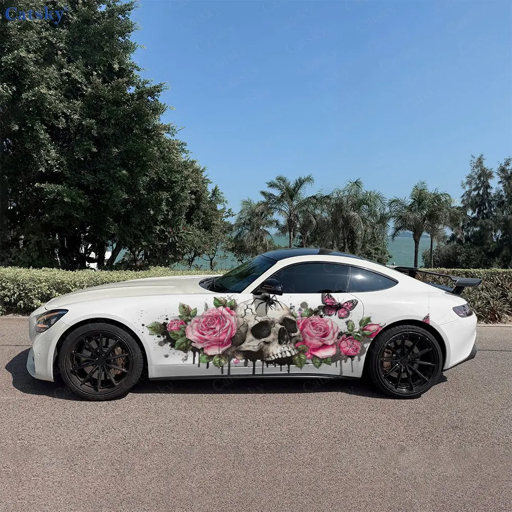 2pcs Splash Skull Blossom Butterflies Car Side Wraps, Self-Adhesive PVC Waterproof & Scratch-Resistant Stickers, Car Accessory