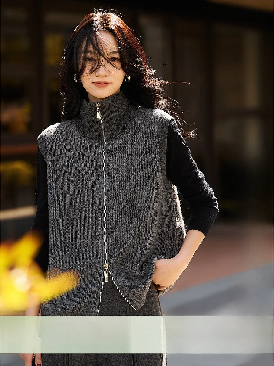 

Cloud Velvet High Collar Double Zipper Vest Wool Camere Svel Layering Top OL Sle Soft Knitted Warm Casual Basic Sol...