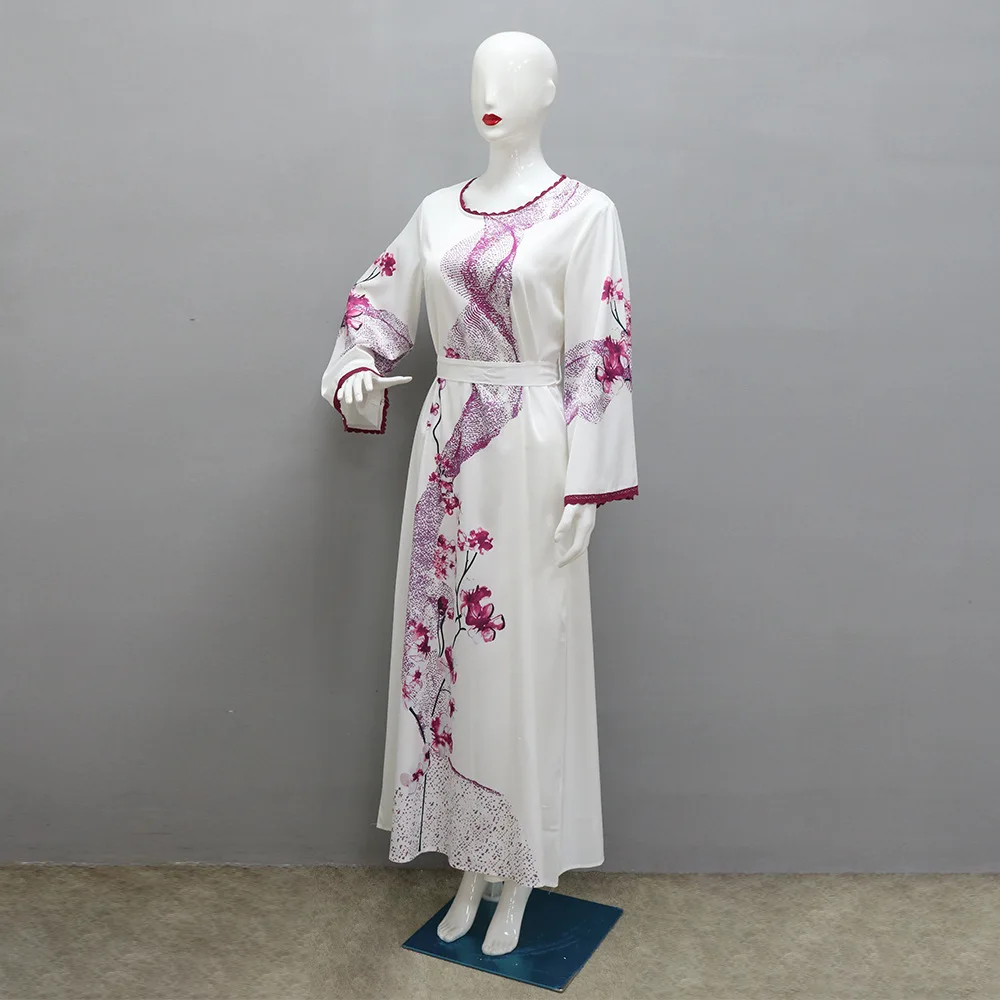 Vestido estampado em flores com faixa para mulheres, abaya hijab, véu, robe de diamantes, kaftan com renda, vestido longo muçulmano, moda, conjunto 2 peças