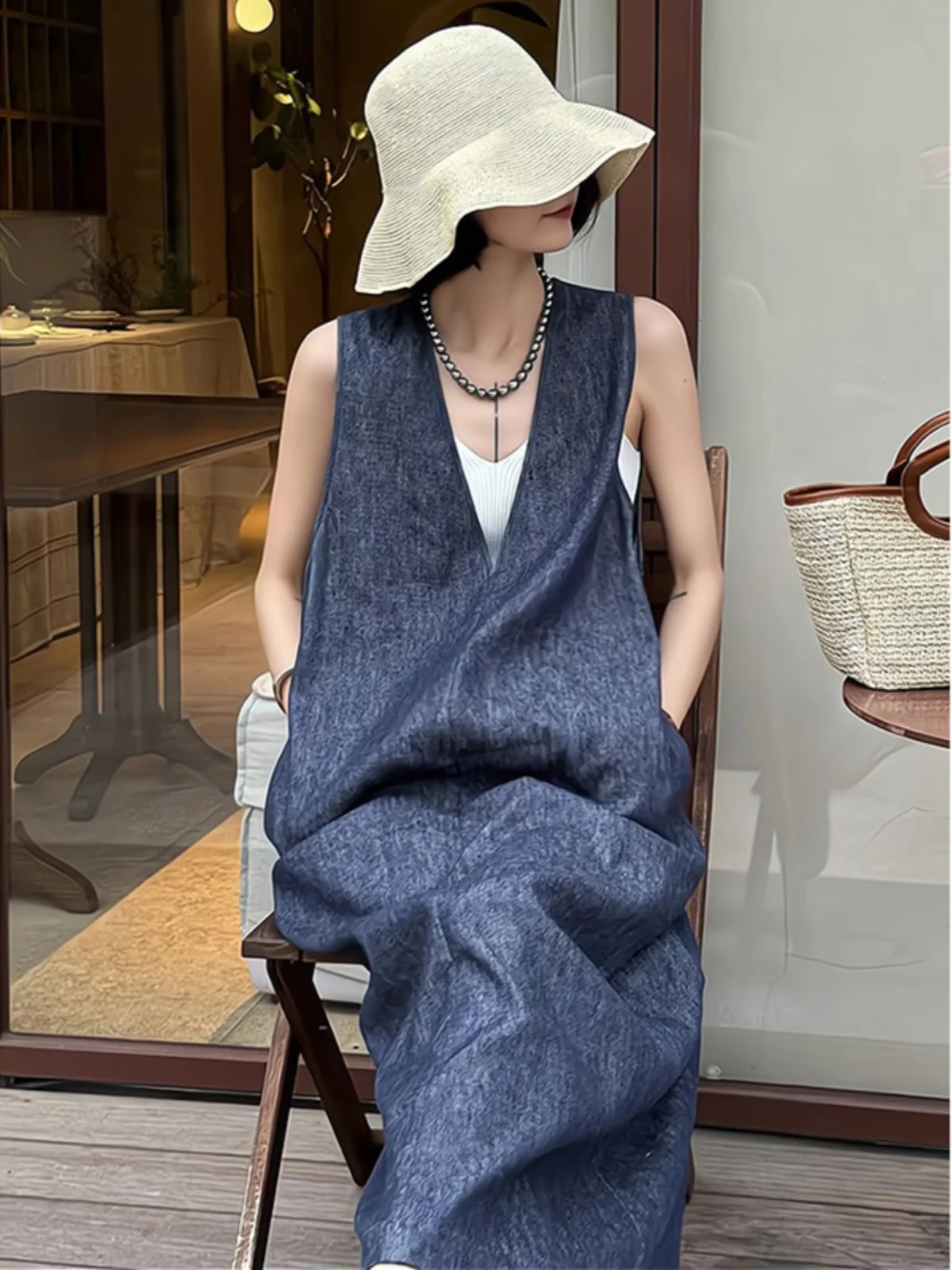 Retro Blue Linen Dr Women's Summer Loose Slimming Casual Holiday Sle Svel Vest Long Dr Casual V-ne Dr